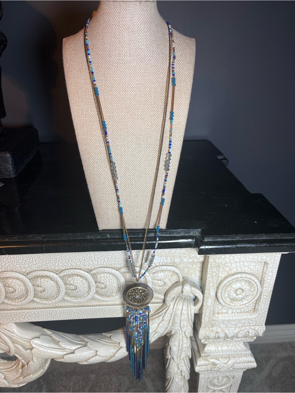 Erica Lyons Blue and Teal Beaded Tassel Medallion Necklace